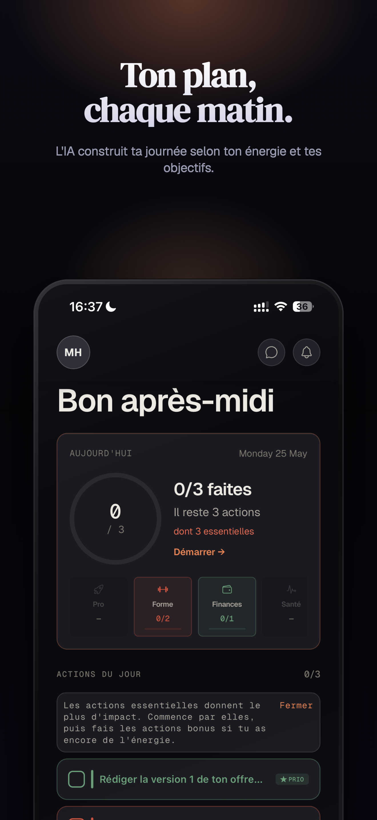 Plan du jour, priorisé — écran Home Ascelyo iPhone
